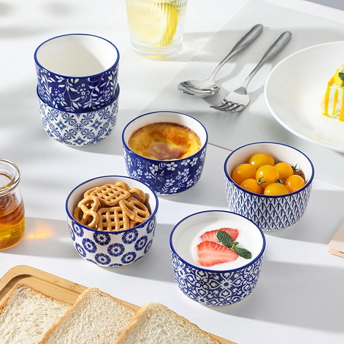 vancasso Selene 6 oz Ceramic Ramekins Set of 6, Microwave & Dishwasher Safe Souffle Cups for Baking, Dip & Sauce, Desserts, Handcrafted Blue Floral Bowls