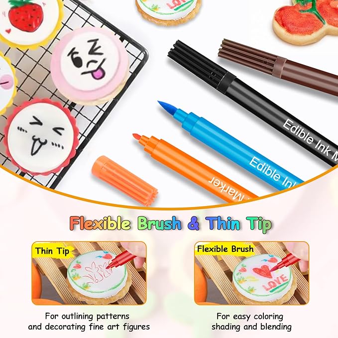 Food Coloring Pens, 12Pcs Double Sided Edible Food Coloring Markers with Fine and Thick Tip, Food Grade Gourmet Writers for DIY Cake Decorating, Cookies, Frosting, Fondant, Easter Eggs
