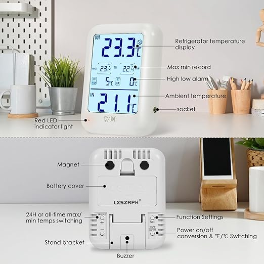 2Packs Digital Freezer Thermometer Fridge Temperature with Alarm, Backlight, Magnet, Power On/Off, Max/Min Temperature for Home, Restaurants, RV, External Sensor, AAA Battery (2)