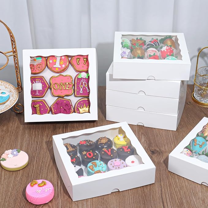 30pcs 8x8x2 Inches White Cookies Boxes Packaging for Cakes, Strawberries, Truffles & More