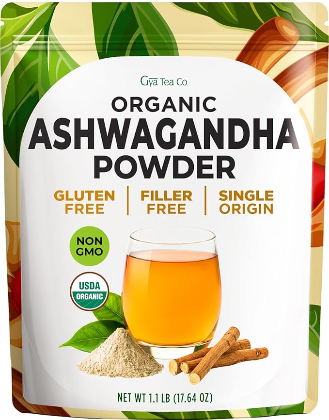 Gya Tea Co Organic Ashwagandha Powder 1.1 lb (17.64 oz) - No Sugar Added, Non GMO, Gluten Free - Great Flavor for Milk, Baking, Drinks, Smoothies & Cakes, Vegan Friendly