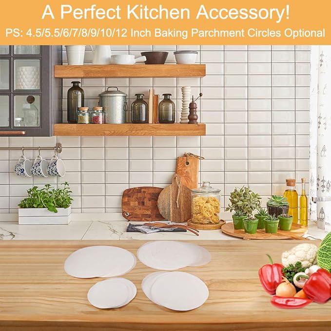 Round Parchment Paper, Set of 200, Non Stick 12 Inch Baking Parchment Rounds/Parchment Paper Circles for Springform Pan, Toaster Oven, Tortilla Press and so on（4.5/5.5/6/7/8/9/10in Available）