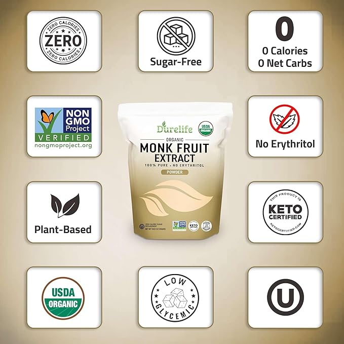 Durelife Organic 100% Pure Monk Fruit sweetener, No Erythritol, Monkfruit Extract Powder, USDA organic NON-GMO Project Verified, Keto Certified OU kosher No Fillers Zero Calorie Sugar Substitute 10 OZ