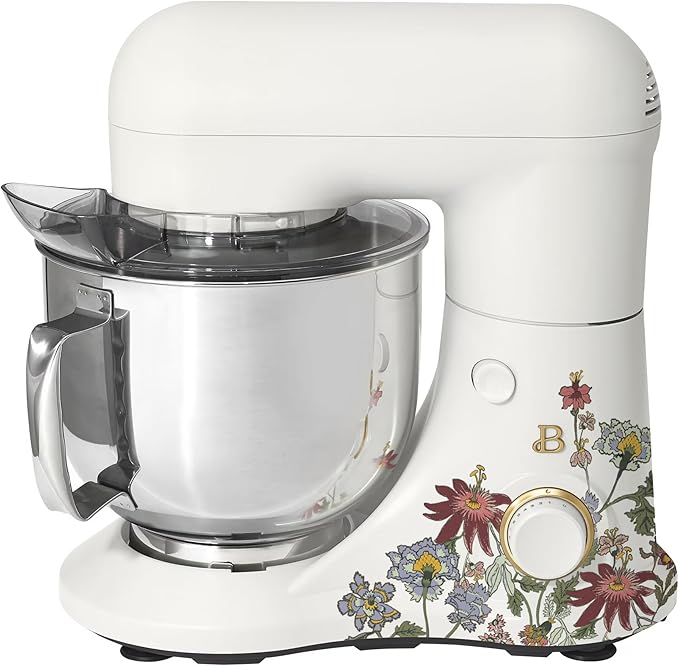 Beautiful 5.3 QT Stand Mixer w/Tilt-Head Design, Stainless Bowl, 300-Watt Power, 12-Speed Control, Includes Beater, Dough Hook, Whisk, Splash Shield (Wildflower White Icing)