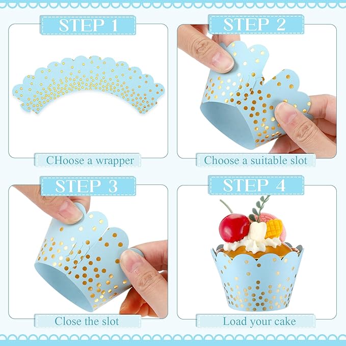 Zhehao 60 Pcs Gold Polka Dots Cupcake Wrappers Adjustable Graduation Cupcake Liners Paper Baking Cups Disposable Muffin Liners Holders for Birthday Baby Shower Wedding Party Supplies(Light Blue)