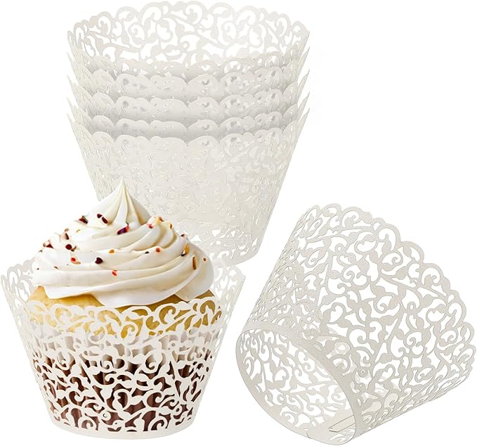 PATIKIL Cupcake Wrappers Paper, 50 Pack Baking Cups Standard Vine Decoration for Anniversary Birthday Weddings and Parties, Light Yellow