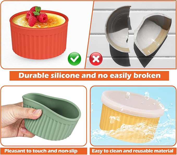 Koluti Nonstick Silicone Ramekins 8oz Set of 6, Creme Brulee Souffle Oven Safe Bowls with Lids, Pudding Dessert Baking Cups Ice Cream Snack Food Storage Container, BPA Free, Microwave, Freezer, Dishwasher Safe