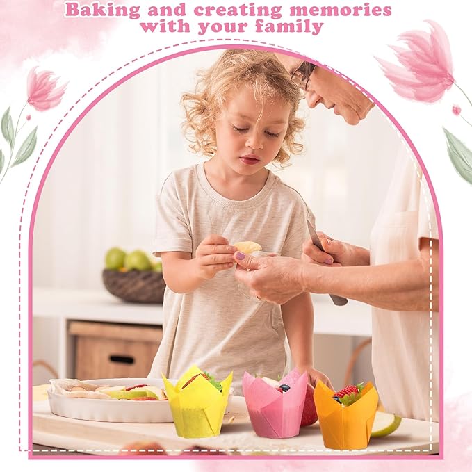 Yaomiao 600 Pcs Tulip Cupcake Liners Greaseproof Paper Tulip Muffin Liners Baking Cups Cupcake Wrappers Holders for Weddings Birthdays Anniversaries Banquets Party Christmas (Pink, Yellow, Orange)