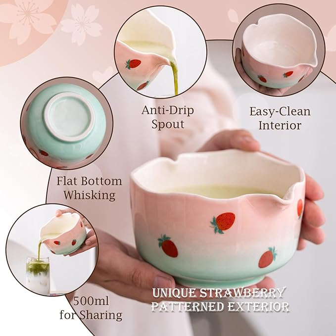 7 Pcs Matcha Whisk Set, Includes Heart Shaped Matcha Bowl with Spout, Holder And Rest, Bamboo Whisk And Scoop, Stainless Steel Sifter, Tea Towel. Complete Matcha Kit for Beginners And Gifts