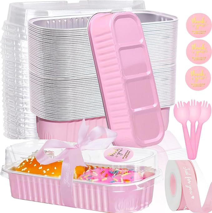 50 Pack Mini Loaf Pans with Lids and Spoons, 6.8 Oz Mini Cake Pans with Lids for Baking,Pink Disposable Rectangle Aluminum Foil Loaf Pan with Ribbon Stickers，Small Cake Containers Tin（Pink）