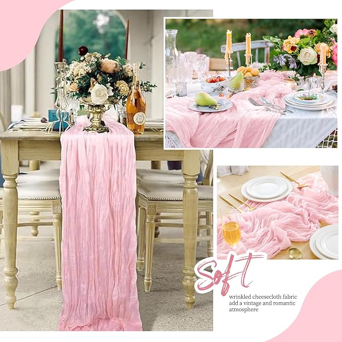 12 Pack Light Pink Cheesecloth Table Runner 17x108 Inch Semi Sheer Boho Gauze Cheese Cloth Fabric Table Runners, for Wedding Party Baby Shower Birthday Home Decor Garden Farmhouse
