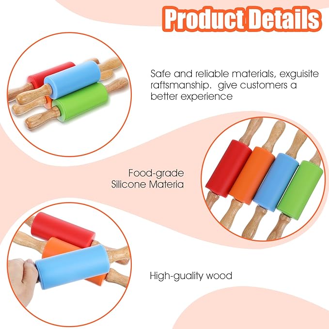 12 Pcs Small Rolling Pin 9 Inch Mini Rolling Pin Silicone Wooden Cooking Pins Baking 4 Colors Non Stick with Wooden Handle for Kitchen Dough Cookie Pastry Fondant Cake
