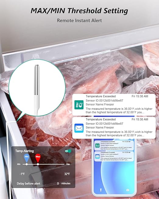 MOCREO WiFi Freezer Thermometer with Alarm, Wireless Refrigerator Temperature Sensor with Remote App Notification, Email Alert, 2 Years Free Data Export, for Home Kitchen Fridge Hot Tub