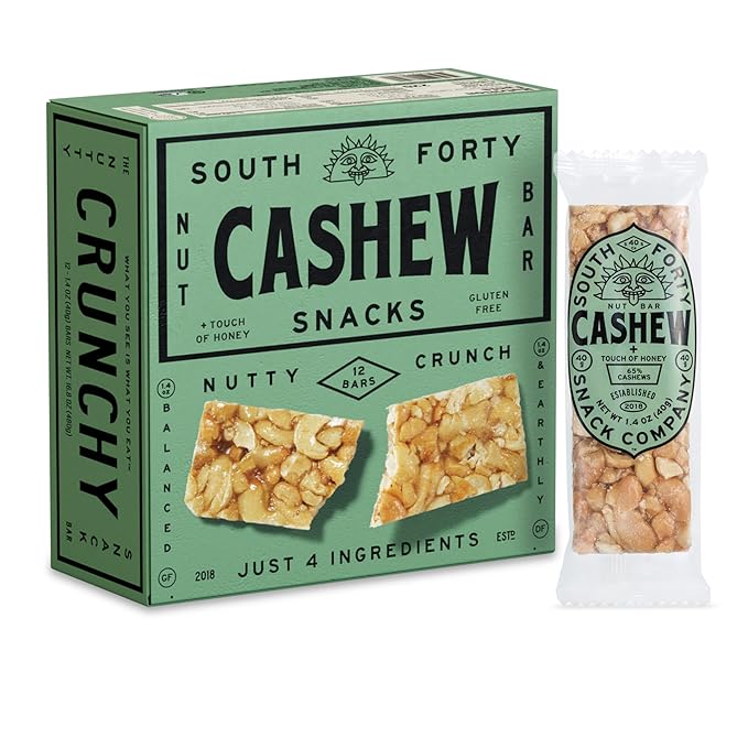 South 40 Snacks Crunchy Cashew Bar, Just 4 Ingredients, Touch of Honey (40g Bar, Pack of 12)