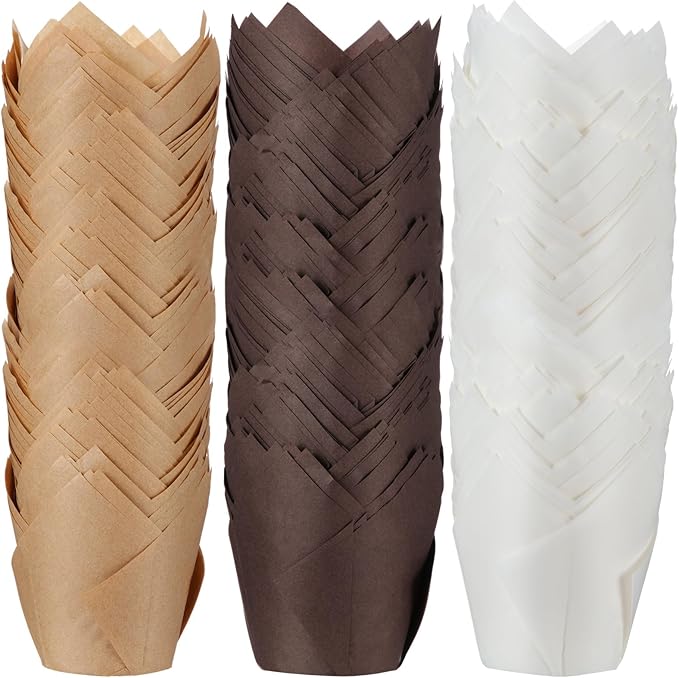 Yaomiao 600 Pcs Tulip Cupcake Liners Greaseproof Paper Tulip Muffin Liners Baking Cups Cupcake Wrappers Holders for Weddings Birthdays Anniversaries Banquets Party Christmas(Brown, Natural, White)