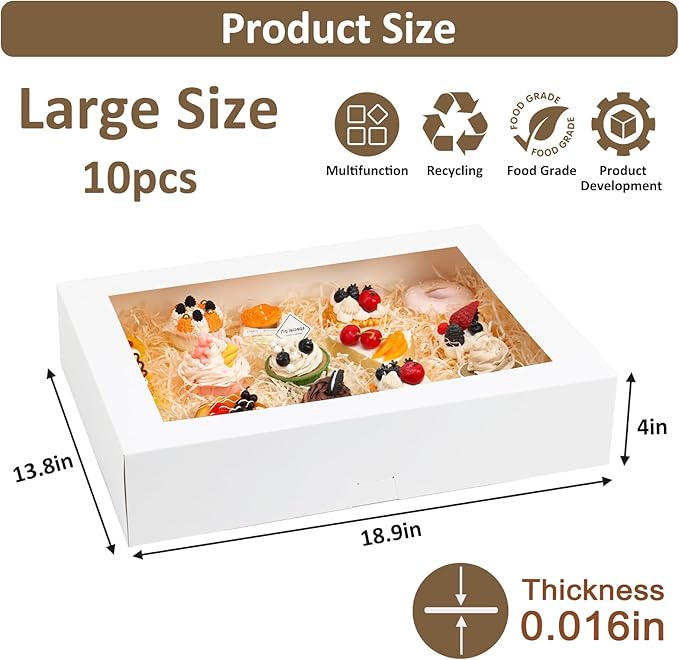 Moretoes 10pcs 19x14x4in Half Sheet Cake Boxes with Window,White Bakery Boxes, for Pastry Baking Cake Donuts Cupcake Pie Packaging