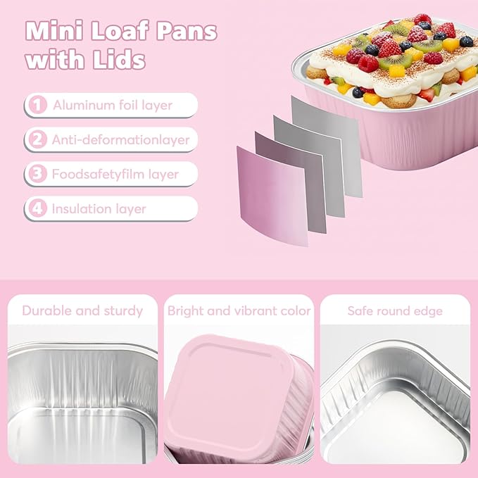 Ruckae 10oz 100 Pcs Square Mini Loaf Pans with Lids-Disposable Foil Dessert Containers,Mini Cake Pans with Lids,Aluminum Dessert Cups for Parties and Weddings (Pink, 10oz)