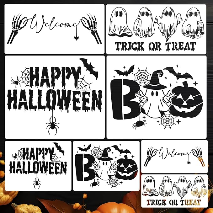 Halloween Stencils Skeleton Boo Ghost Stencil Reusable Halloween Stencils for Painting on Wood Sign Door Mats Fabrics DIY Crafts Decor