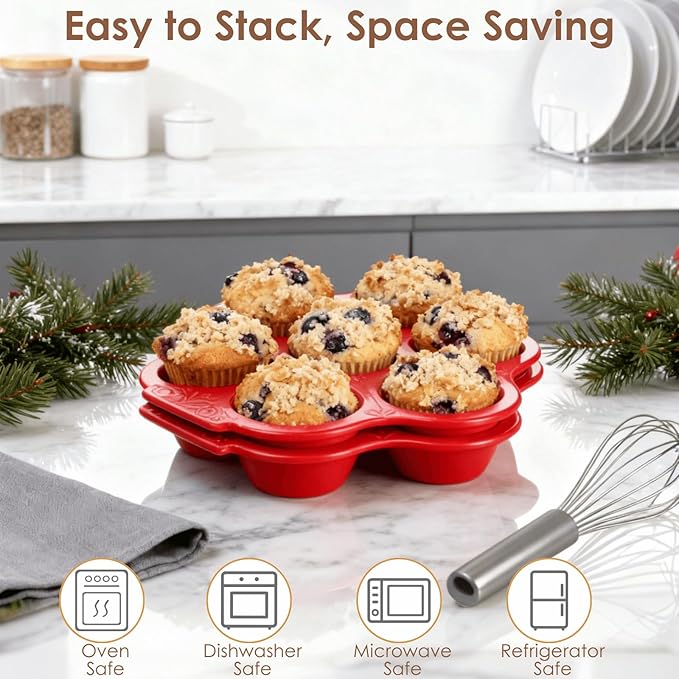 Youeon 2 Pack Red Ceramic Muffin Pans, 7 Cup Nonstick Cupcake Baking Pans with Floral Handles, Oven & Dishwasher Safe Muffin Tins for Muffins, Cupcakes, Mini Cheesecakes, Holiday Baking Gift
