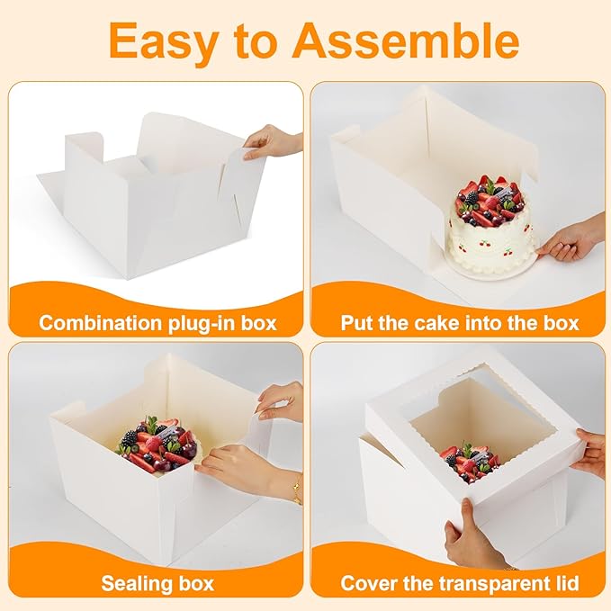 2 Pack Cake Boxes, 10x10x8 Inches Tall Cake Box with Cake Boards, Disposable Cakes Carrier, Cakes Transport Container with Lid, White Bakery Boxes with Window, for Cookies Pies Cupcakes