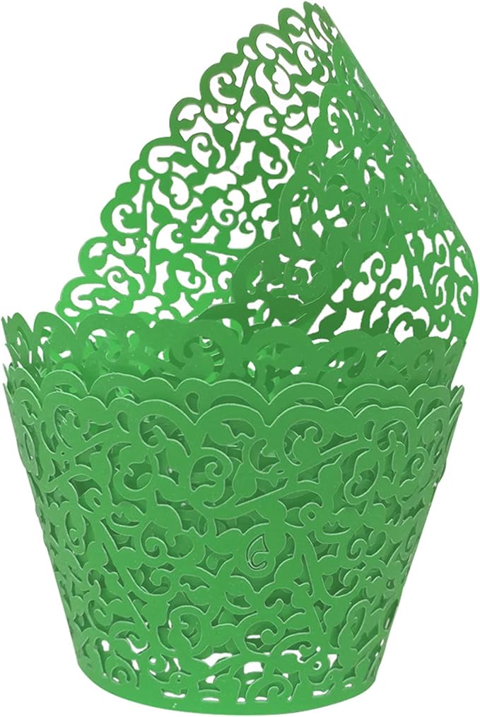 GOLF 100Pcs Cupcake Wrappers Artistic Bake Cake Paper Filigree Little Vine Lace Laser Cut Liner Baking Cup Wraps Muffin CaseTrays for Wedding Party Birthday Decoration (Green)