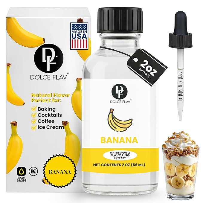 Dolce Flav Natural Banana Extract – 2 oz Water-Soluble Pure Banana Flavoring Drops for Baking, Smoothies & Desserts | Sugar Free, Allergen Free, Kosher | Made in USA