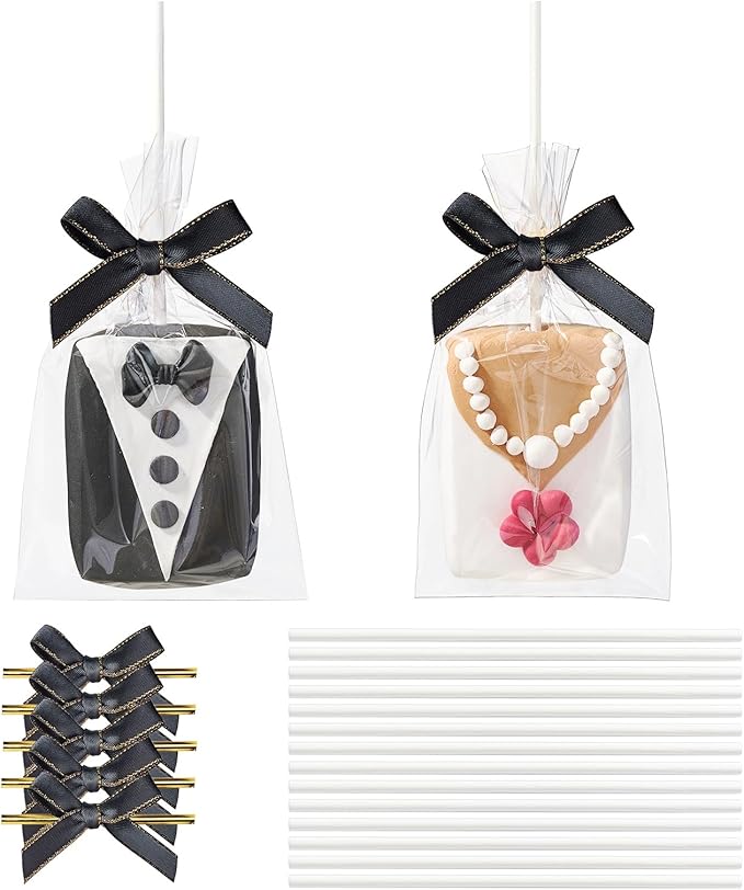 RomanticBaking 50 Sets Clear Rice Krispie Treat Bags with Black Ribbon Bow and Stick & Flat Cellophane Clear Bags for Rice Krispie Treats Gift Giving Bag(Black)