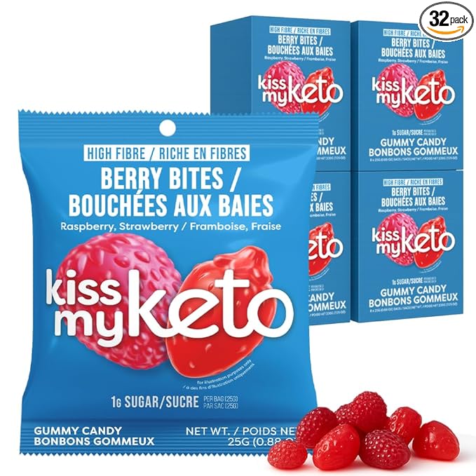 Kiss My Keto Sugar Free Gummies, Berry Bites 32-Pack – Satisfy Cravings while Staying in Ketosis – High Fiber, 7g Net Carbs, Non-GMO, Vegan, & Gluten-Free – Low-Calorie Vegan Candy