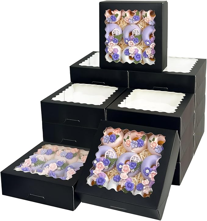 Bakepacker 55pcs Black Pie Boxes 8x8x2.5 inches Easy Assemble Macaroon Cookie Boxes Bakery Boxes with Window for Bakery (Auto-pop Up)