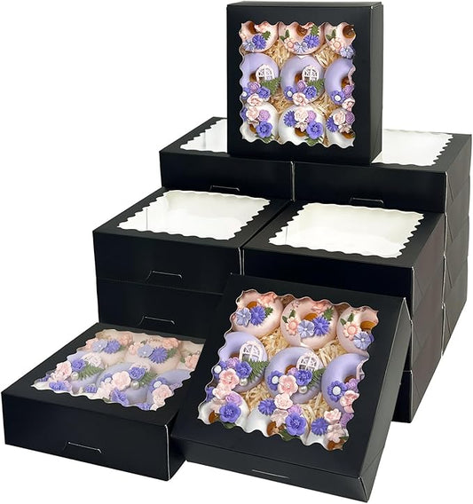 Bakepacker 55pcs Black Pie Boxes 8x8x2.5 inches Easy Assemble Macaroon Cookie Boxes Bakery Boxes with Window for Bakery (Auto-pop Up)