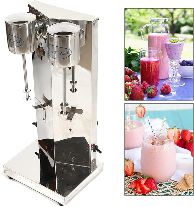 Electric Milk shaker 18000RMP Double Head Stand Mixer 180W 110V Commercial Stainless Steel Drink Mixer Machine 650ml Smoothie Malt Blender w/2Pcs PP Cup (Double Head)