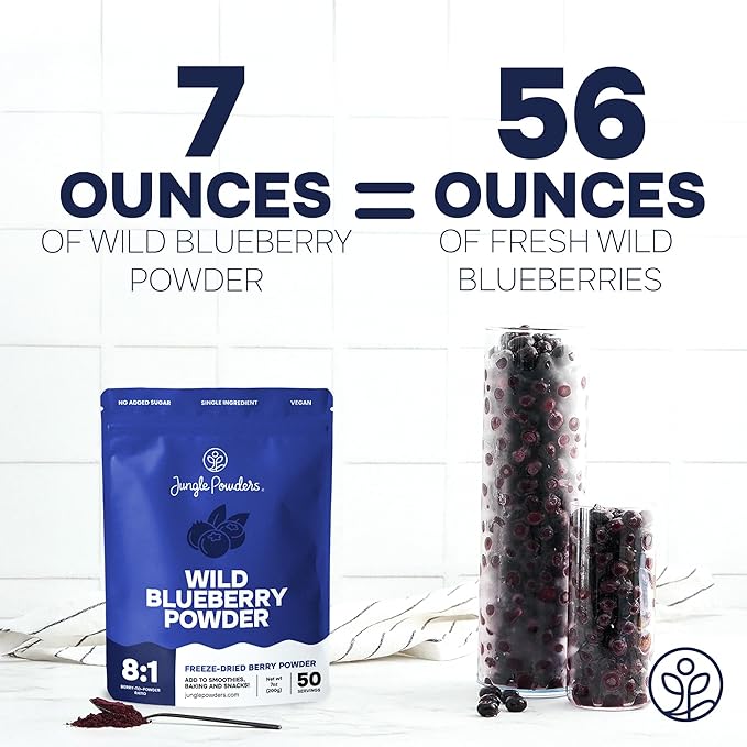Jungle Powders Wild Blueberry Powder 7 Ounce Bag, Nordic Freeze Dried Blueberries No Sugar Added for Smoothie, Additive and Filler Free Bilberry Fruit Superfood Powder for Baking Flavoring Cooking