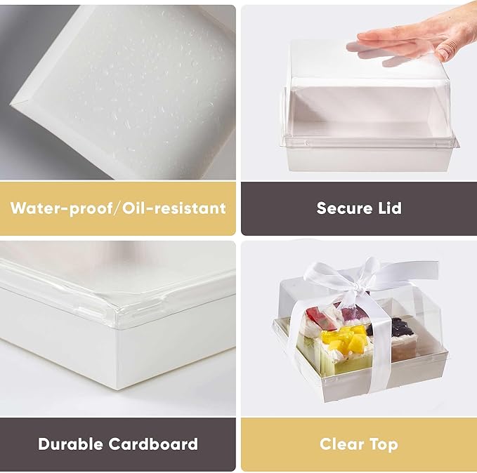 20 Pack 7x7x4 Cake Boxes with Clear Lids for 4-6 Inch Cakes, Treats or Desserts – Paper Bento Cake Boxes, Disposable Bundt Containers – Bakery Take Out Containers – To Go Square Packaging, White