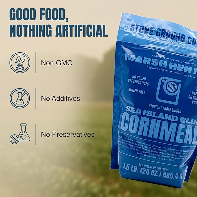 Marsh Hen Mill Sea Island Blue Cornmeal | Corn with Floral Aroma | Perfect Stone Ground Cornmeal for Corn Bread | Traditional Blue Corn Flour | 100% Natural & Gluten Free, 24 oz (Pack of 1)