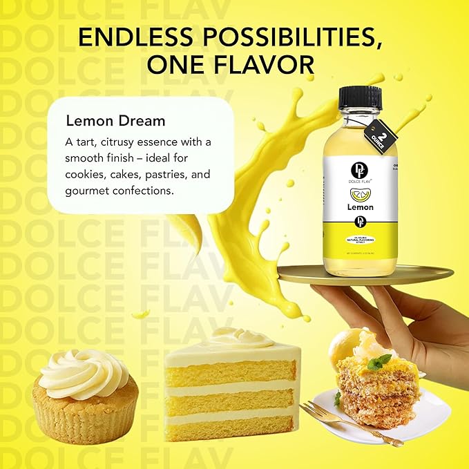 Dolce Flav Natural Lemon Extract – 8 Ounce Oil-Soluble Kosher, Sugar-Free, Concentrated Fresh Citrus Lemon Flavor for Baking, Chocolates & Desserts