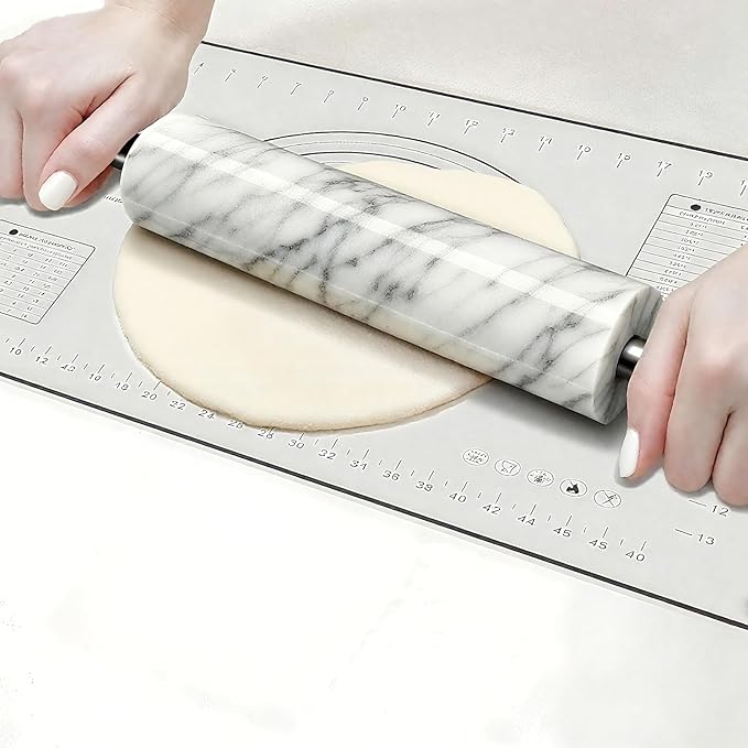 White Marble Rolling Pin with Stainless Steel Handles Baking Set - Silicone Baking Mat, Stainless Steel Dough Cutter，Marble Rolling Pin with 3 Multi-Color Thicknesses and Wooden Base