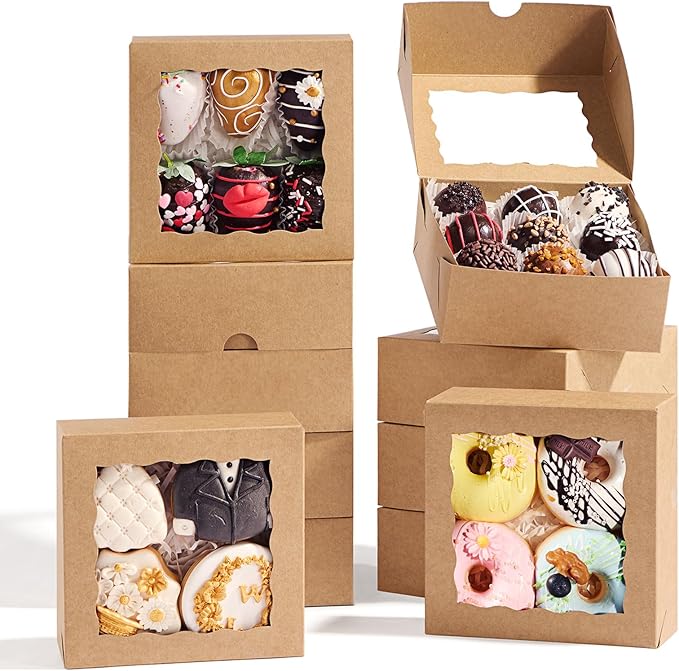 50 Pcs 5x5x2Inches Boxes for Baked Goods Bakery Boxes with Window for Treat, Cake, Cinamon Rool,Cookies,Chocolate Covered Strawberries & 5inch Favor Box Candy Gift Packing