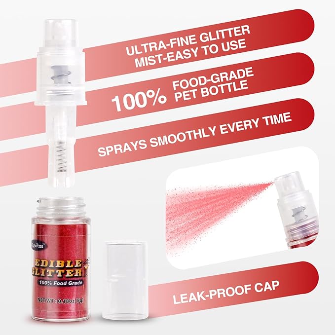 Red Edible Glitter Spray 5g, Shimmer Edible Glitter for Cocktails, Food Grade Luster Dust for Beverages & Cake Decorating, Drinks, Baking, Chocolate