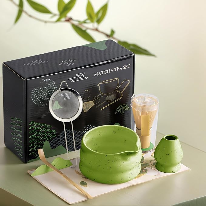 cjc Matcha Whisk Set, 7-Pcs Matcha Set for Gift- 18 oz Ceramic Matcha Bowl with Spout, Bamboo Whisk, Scoop, Holder, Sifter ect.,Japanese Ceremony Kit for Matcha Lover Beginner/Green