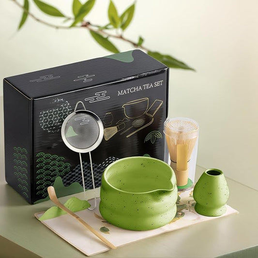cjc Matcha Whisk Set, 7-Pcs Matcha Set for Gift- 18 oz Ceramic Matcha Bowl with Spout, Bamboo Whisk, Scoop, Holder, Sifter ect.,Japanese Ceremony Kit for Matcha Lover Beginner/Green
