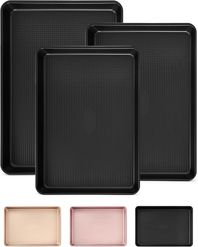 Saker nonstick baking sheet pan set,EvenHeat Baking Sheets Set of 2, Non-Stick Cookie Pan for Perfect Baking Results, Oven Safe Carbon Steel Bakeware (Black)