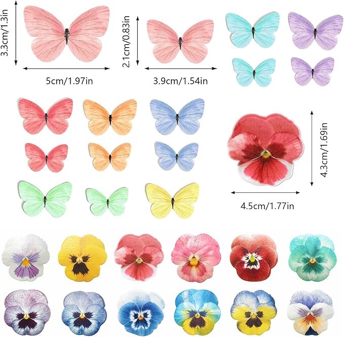 Pansy Butterfly Cake Decoration Edible Wafer cupcake Top decoration Wedding birthday party dessert decoration mix sizes and colors(Set 3【Mix 104pcs】)