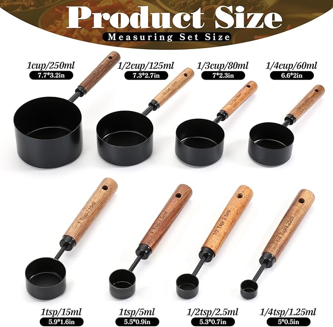SHENLIU 8 Pcs Measuring Cups and Spoons Set, Black Stainless Steel Measuring Cups with Wooden Handle, Metal Measurings Spoons Set Nesting Kitchen Measure for Kitchen Baking