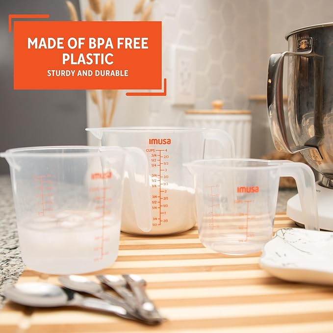 IMUSA Plastic Measuring Cups Set of 3/1,2 & 4 Cup with Easy Pour Spout & Red Indicators, Nesting Liquid and Dry Measuring Cups for Cooking & Baking