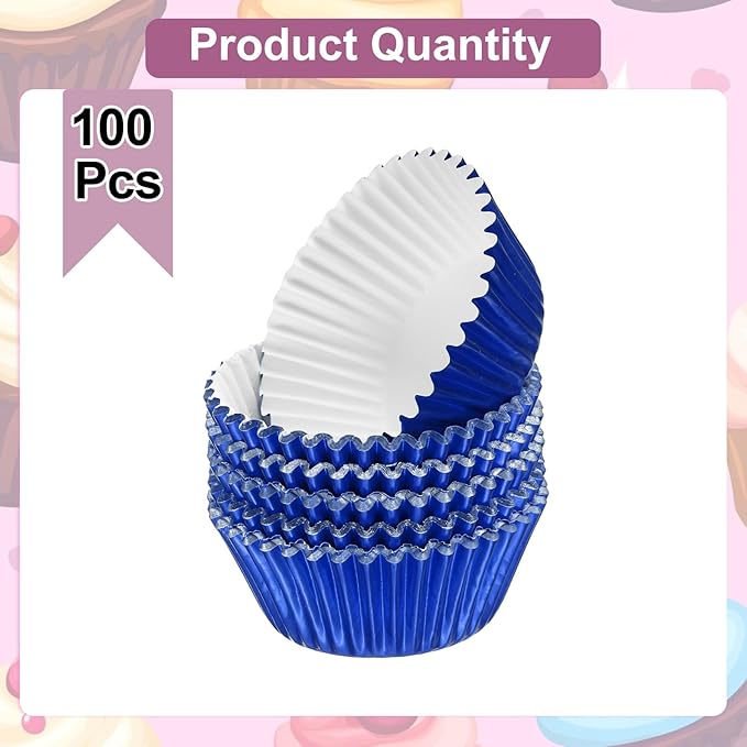 HARFINGTON 100 Count Blue Foil Muffins Cupcake Liners Standard Size Metallic Baking Cups Wrappers Greaseproof for Party Wedding Birthday