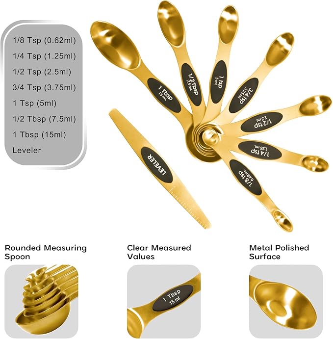 Magnetic Measuring Cups and Spoons Set, Heavy Duty 304 Stainless Steel, 5 Nesting Gold Measuring Cups and 7 Magnetic Measuring Spoons, Baking & Cooking Set of 13 with Leveler