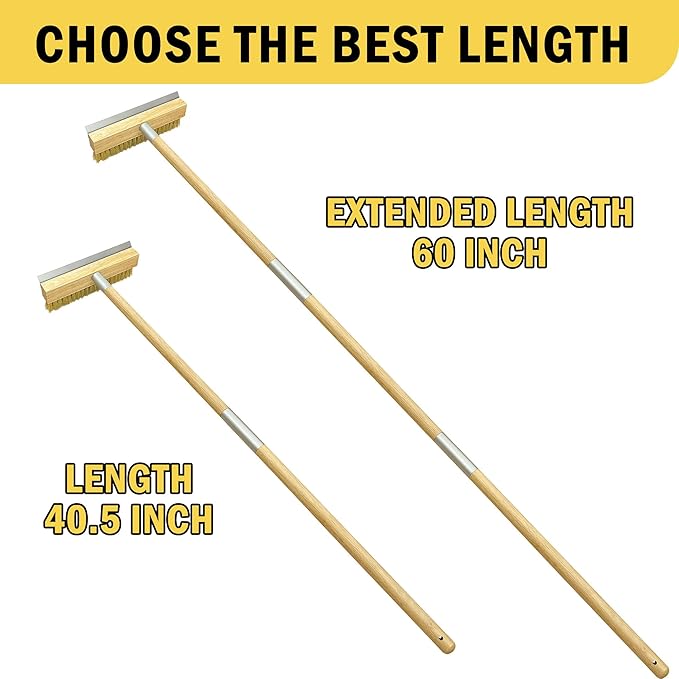 Pizza Oven Brush with Scraper,60-Inch Adjustable-Length Long Wood Handle Brass Bristles,Outdoor Pizza Oven Brush