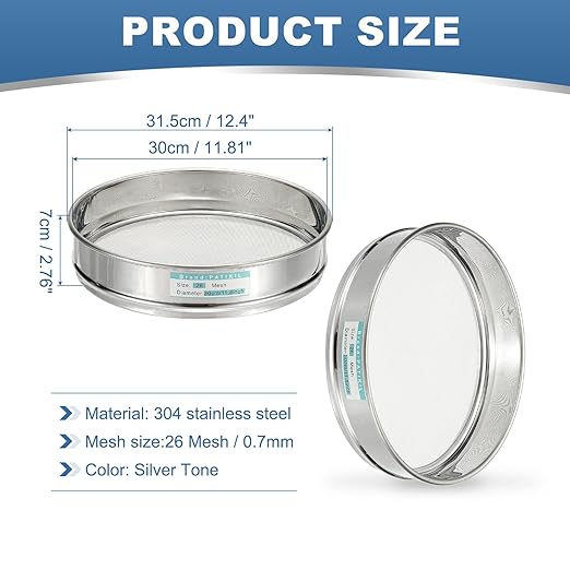 PATIKIL 26 Mesh(0.7mm) Lab Sieve, 11.8"(30cm) Diameter Sifting Screen 304 Stainless Steel Wire Cloth Fine Mesh Sieve for Industrial Laboratory Home Soil Sifter Dry Sift Screens Hash