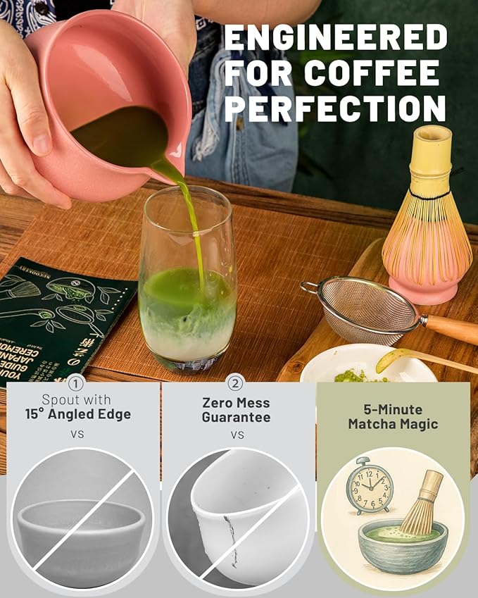 Nucookery Matcha Whisk Set - 5 Pcs Matcha Set with 18oz Ceramic Matcha Bowl (Chawan) with Spout, Bamboo Whisk & Holder, Scoop and Sifter | Complete Matcha Kit for Japanese Tea Ceremony (Pink)