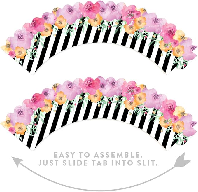 Andaz Press Party Cupcake Wrapper Decorations, Pink Floral Flowers with Black and White Stripes, 24-Pack, For Girls 1st Birthday Baby Bridal Shower Tea Party Themed Decorations